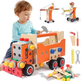 XIAPIA Children's Tool Box 124 Pieces Deluxe Suit, Montessori Toy from 3 4 5 Years Wooden Workbench Children's Tool Educational Games Gift Boy Girl for Birthday New Year Christmas