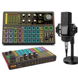 K300 Podcast Equipment Bundle, With Podcast Condenser Microphone, Voice Changer Sound Card with Multiple Sound Effects and LED Light, Prefect for Streaming/Podcasting/Gaming/Recording/YouTube/PC