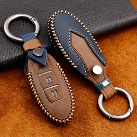 ontto Cowhide Leather Car Key Case Cover for Nissan Qashqai Pulsar March 370Z Micra Tiida NV200 Leaf Cube Key Case with Key Fob Key Protection Case for Remote Control 3 Buttons Brown