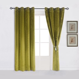 Cherry Home Super Soft Luxury Velvet Olive Green Set of 2 Thermal Light Blocking Drapes Curtain Panel Grommet Top Curtain Draperies Eyelet 52Wx120L inch Green Yellow