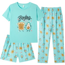Hupohoi Kids Girls Pajama Sets Summer Short Sleeve With Shorts And Pants 3PCS Sleepwear Cute Cartoon Loungewear 6 to 17 Years, Avocado, 10