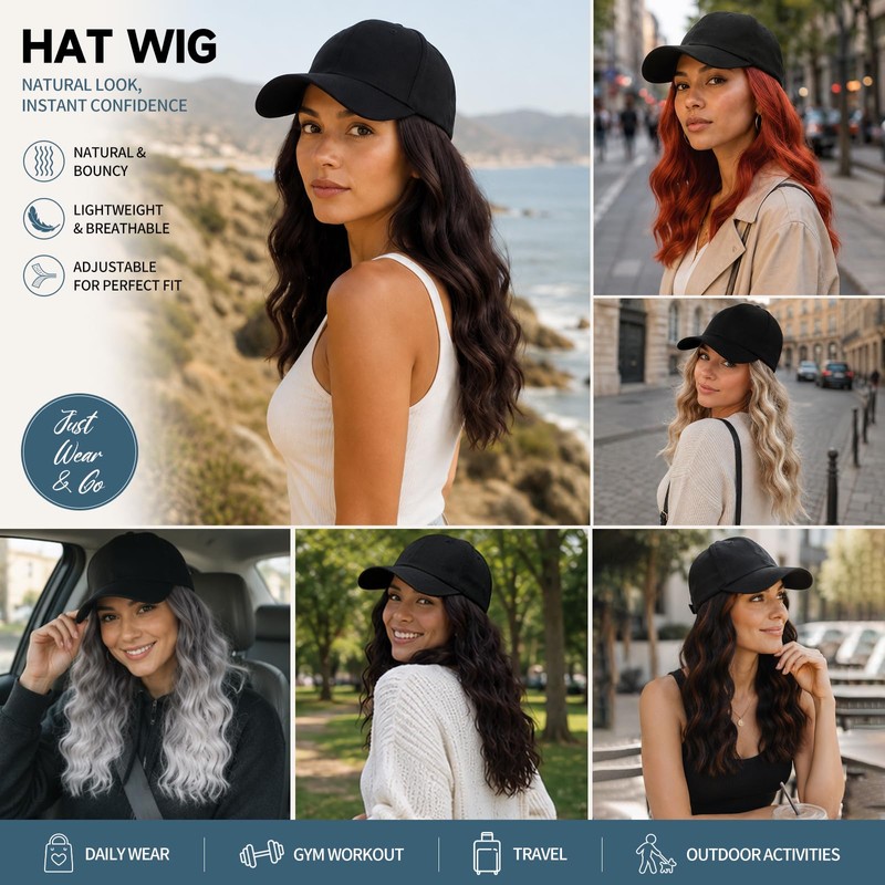 MORICA Hat Wig 20 Inch Water Wave Baseball Cap Wig
