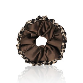 PUSCOBSY Satin Haargummi für Damen, Stoff Leopardenmuster Haargummis Scrunchie Ohne Haarbruch, Groß Leo Scrunchies für Dickes Haar Dünnes Haar, Braun