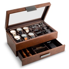 Glenor Co Valet Jewelry Box for Men - Holds 6 Watches, 12 cufflinks, 2 Sunglasses, Drawer & Tray Storage - Mens Watch Case - CarbonFiber Organizer w Metal Accents, PU Leather & Large Glass Lid - Brown