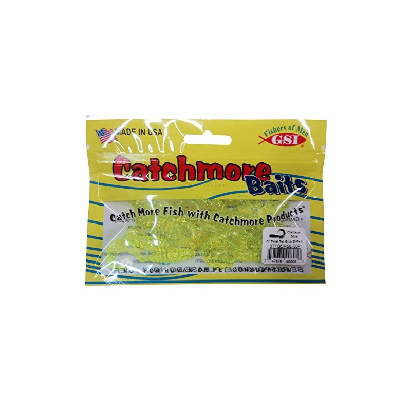 3" Twist Tail Grubs; Plastic Worms; 20 Pack; Chartreuse Glitter