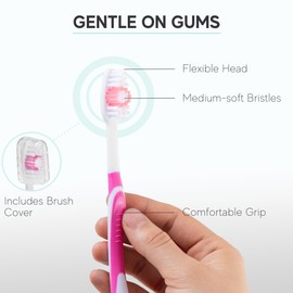 104 Pack Bulk Toothbrushes w/Cover Caps, Individually Wrapped Disposable Travel Toothbrush, Value Size, Long Lasting 3+ Months, Med-Soft Manual Teeth Brush Bristles - Pink
