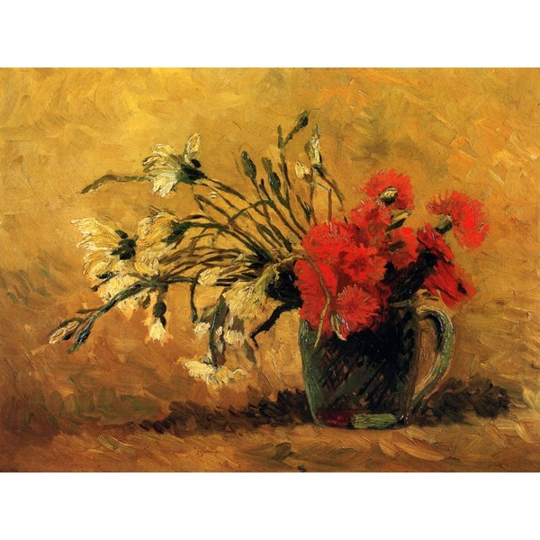 Vase with Red and White Carnations on Yellow Background by