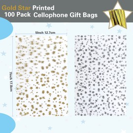 COQOFA 100 Pcs Star Printed 5"X 7" Gift Wrap Cello Cellophane Treat Bags Party Favor bags Clear Candy Cookie Bag Plastic Poly Goodie Storage Bag with Twist Ties for Bakery,Birthday, Wedding ,Party Decorations (Gold)