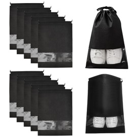12 x Shoe Bags with Drawstring, Large Shoe Storage Bags, Multifunctional Storage Bag, Shoe Bags for Travel, 32 x 44 cm, Non-Woven Drawstring Shoe Bags, Black, Black, Normal