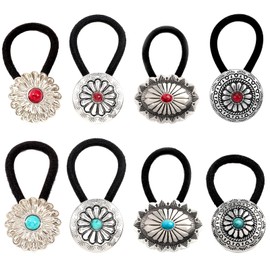 8PCS Vintage Western Style Circular Hair Ties, Metal Boho Button Ponytail Holders with Red & Turquoise, Squash Blossom Elastic Hair Ropes for Women & Girls Gifts Accessories