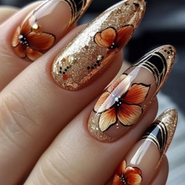 Flower Press on Nails Long Almond False Nails French Tip False Nails Gold Glitter Black Line Gradient Design Glossy Reusable Glue on Nail Decoration Salon Manicure Accessories for Women 24Pcs