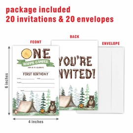 Camping Theme First Birthday Party Invitation,One Happy Camper Invite Cards（20 Count) With Envelopes, Camp Fire Fill In Style Invite Cards For Boys, Girls, Kids, Birthday Party Supplies-A36