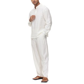 Lamgool Men’s Linen Set 15 Pieces Long Sleeve Button Henley Shirts Casual Drawstring Pants Summer Beach Yoga Outfits(White,M)