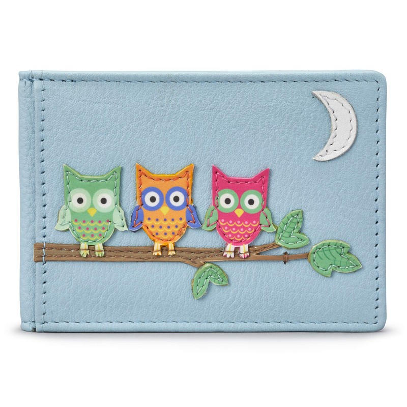 Yoshi Owl Applique Leather Oyster Card/Travel Pass Holder (Blue)