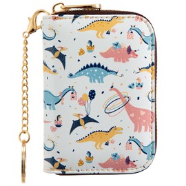 ANNAMISSI Womens Leather Wallet RFID Blocking Credit Card Holder Zipper Card Case for Ladies Girls (Dinosaur)