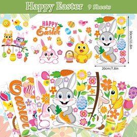 Whaline Whaline 9 Sheets Easter Window Clings Cartoon Egg Bunny Rabbit Chick Sheep Window Decals Double-Sided Spring Window Decor for Home Office School Shop Glass Display Party Supplies