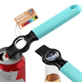 DUNLAGUE 2 in 1 Magnetic Soda Can Tab Opener and Beer Bottle Opener Stick to Fridge, 6.9" Bottle Opener for Long Nails, Arthritis, Seniors and Bartender, Good Grip Silicone Handle - 2Pack (Aqua Blue)