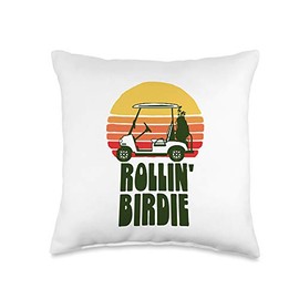 Rollin' Birdie Funny Golf Cart Vintage Retro Sunset Golfer Throw Pillow