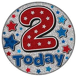 Age 2 Birthday Badge Blue, Red And Silver Holographic Recyclable 2nd Birthday Party Badge