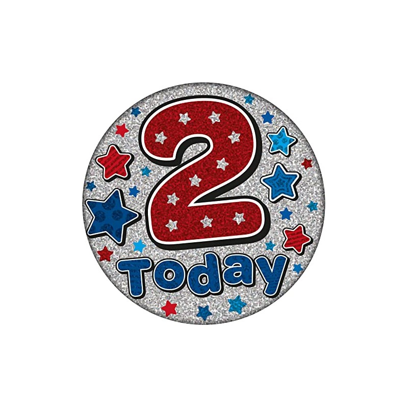 Age 2 Birthday Badge Blue, Red And Silver Holographic Recyclable