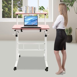 YIPONYT Mobile Standing Desk with 2 USB Ports and Outlets, Adjustable Standing Computer Desk, Standing Adjustable Laptop Cart with Wheels, Rolling Desk Laptop Cart (Pink)