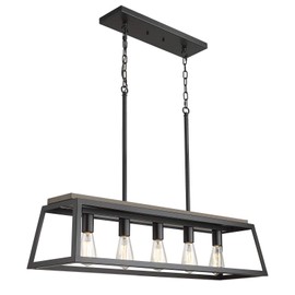EAPUDUN 38-Inch 5-Light Kitchen Island Lighting, Farmhouse Linear Chandelier for Dining Room Pool Table Pendant Light Fixture, Matte Black and Wooden Finish, PDA1272-FBDT