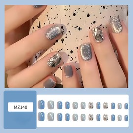 Press on Nails Short Square Fake Nails Full Cover False Nails with Nail Rhinestones Design, Glossy Acrylic Artificial Stick on Nails Natural Nails Glue on Nails for Women Nail Art Decoration
