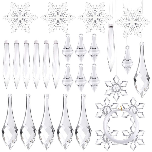 KUUQA 70 Pcs Acrylic Icicles Christmas Ornaments Set Snowflake Icicles Christmas Decorations with Crystal Line for Christmas Party Decorations