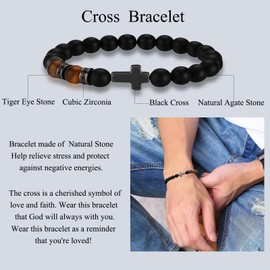 QWNHONEY Confirmation Gifts Cross Bracelet for Men Father's Day Birthday Anniversary Christmas Christian Religous Black Tiger Eyes Beads Inspirational Bracelet Gift On Your Confimation