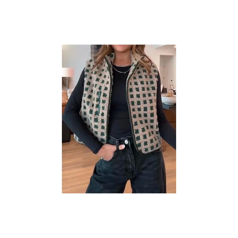VALOZENC Womens Sleeveless Checkered Sherpa Vest with Pocket Zip Up