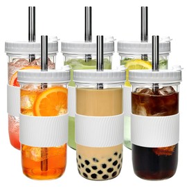 Mapoxy 6 Pack 24oz Mason Jar Cups with Lids and Straws, White Boba Cups Set