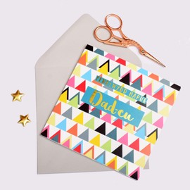 Claire Giles Welsh Happy Birthday Greeting Card Grandpa, Colourful Triangles, Greeting Card with Text Foiled in Shiny Gold, Pen-blwydd Hapus Dad-cu, WCOL031