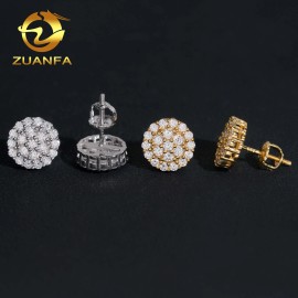 Fully Iced Out Moissanite Diamond Earrings Cluster Pass Diamond Tester 925 Silver Round Paved Moissanite Screw Back EarringsSize: 10.5mm, Color: Gold