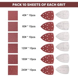 60PCS Sanding Pads, Hook and Loop Sanding Sheet Mouse Sander Pads Assorted 10x 40/60/80/120/180/240 Grits with 11 Holes, Mouse Sandpaper Mouse Sander Pads Mixed