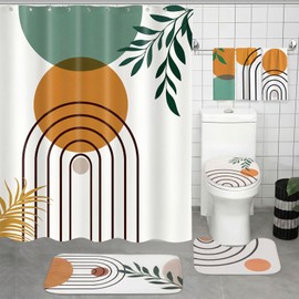 Haull 7 Pcs Boho Abstract Shower Curtain Set with Non-Slip Rugs Toilet Lid Cover Bath Mat Towels, Mid Century Modern Geometric Leaf Minimalist Bathroom Decor for Home Bathroom Set with 12 Hooks