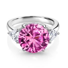 Gem Stone King 925 Sterling Silver Pink Created Sapphire and White Moissanite 3-Stone Ring For Women (8.74 Cttw, Round 12MM, Trillion 5MM, Available In Size 5, 6, 7, 8, 9)