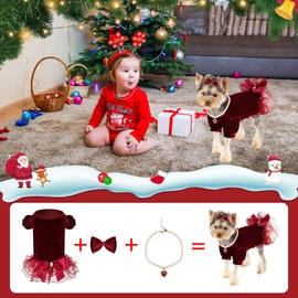 Dog Dresses for Small Dogs Girl Puppy Christmas Outfit Dog Tulle Spring Clothes with Pearl and Bow (Burgundy,S)