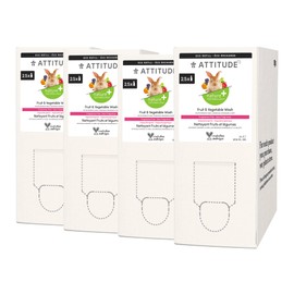 ATTITUDE ATTITUDE Fruit and Vegetable Wash, Removes Dirt and Impurities, Plant- and Mineral-Based Formula, Vegan and Cruelty-free, Unscented, Bulk Refill, 67.6 Fl Oz (Pack of 4)