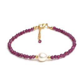 Gempires Natural Ruby Beads Bracelet with Freshwater Pearl, Crystal Bracelets, Gemstone Beaded Bracelet, July Birthstone, 6.5 + 1 Inch 14k Gold Plated Adjustable Chain (ruby)