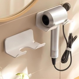 OTDMEL Hair Dryer Holder for Vanity Desk Accessories, Blow Dryer Hanger Wall Mount, Self Adhesive, Aluminum, Organizer Stand with Plug&Cord Organizer for Bathroom(White)