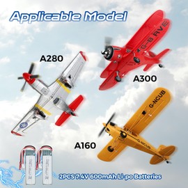 CKYSCHN 2PCS 600mAh Li-po Battery with 2 USB Charger, Rechargeable Battery Compatible with WLtoys A280 A160 A300 XK RC Plane, RC Plane Aircraft Glider Accessories