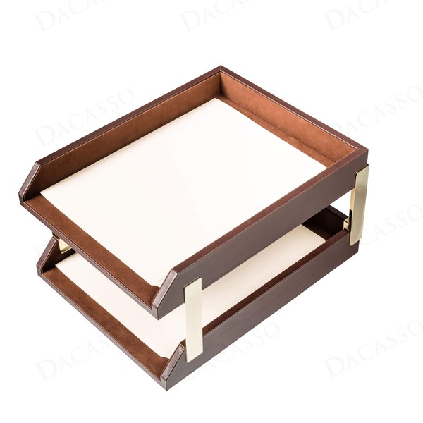 Dacasso Chocolate Brown Leather Front-Load Double Letter Tray Set w/Gold