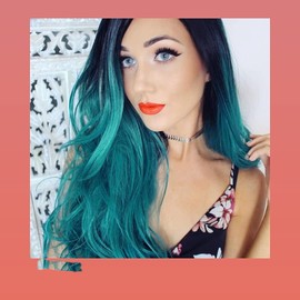 Middle Part Synthetic Hair Wig Natural Wave Black Roots on Green Color Heat Resistant for White Women Cosplay Holiday Natural Hairline