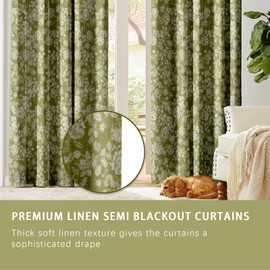 Sage Green Linen Curtains Semi Sheer Curtain 84 inches Long for Living Room Bedroom, Light Filtering Noise Reducing Farmhouse Drapes Floral Curtains 2 Panels 3-in-1 Rod Pocket/Back Tab/Ring Hooks.