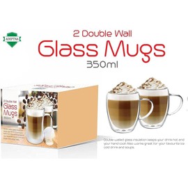 ADEPTNA Finest Large Pack of 2 Double Wall Glass Mugs Insulated Glass with Handle - Idea Gift for Xmas or Any Occasions (2 X 350ML)
