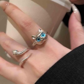 Aneneiceera Vintage Cat Snake Rings Set Silver Snake Finger Ring Cute Cat Rings Punk Statement Ring Adjustable Animal Rings Jewellery for Women and Girls 2 Pieces, Zinc, No Gemstone