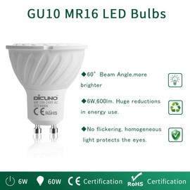 DiCUNO GU10 LED Bulb, 6W 600LM, 60W Halogen Equivalent, Daylight White 6000K, MR16 Spotlight Bulbs, AC100-240V, Non-dimmable, Energy Saving, 6-Pack
