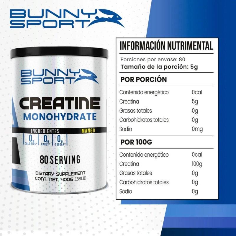 Creatina Monohidratada Bunny Sport de 400g Sabor Mango para Rendimiento