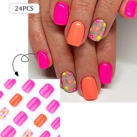 RUPOFUZA Short Press on Nails Square Fake Nails Rose Red Acrylic Full Cover False Nails Press ons Orange Glue on Nails With Lovely Little Flowers Artificial Nails for Women Girls 24 Pcs