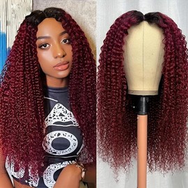 Real Hair Wig V Part Wig Human Hair Wig 180% Density Ombre Red U Part Kinky Curly Human Hair Wigs Afro Curly Wigs Human Hair Burgundy 99J Ombre Colour Wigs for Women Brazilian Wigs 18 Inches